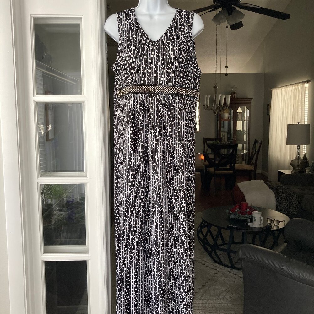 New Directions Black White Dotted Print Maxi Sleeveless Dress Petite Large